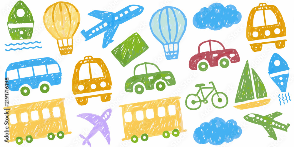 Naklejka premium Transportation Doodle Set Kids Crayon Drawing Illustration