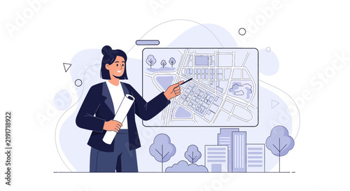 Woman Explaining City Map with Blueprint and Buildings Illustration