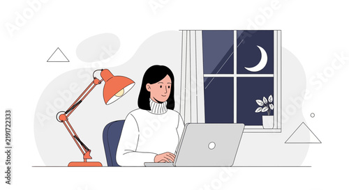 Woman working on laptop at night, illuminated by desk lamp, moon and crescent visible through window.