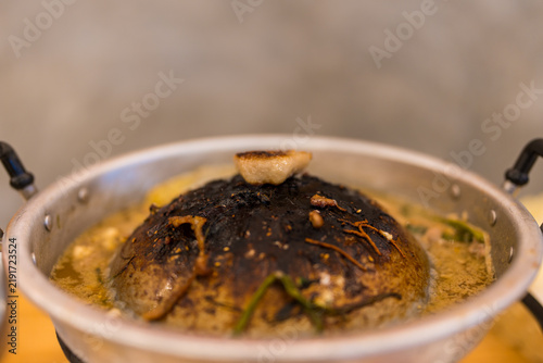 Canvastavla Burnt and dirty pot of pork grilled and soup after eating finish