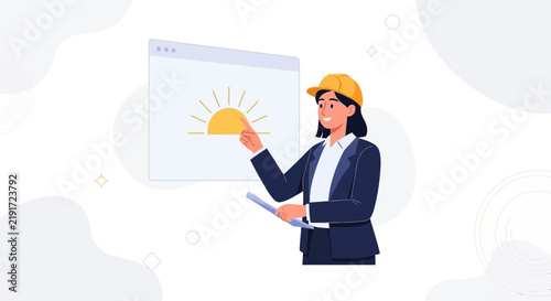 Female Engineer Points to Sunrise on Digital Screen, symbolizing innovation, new beginnings, and project success