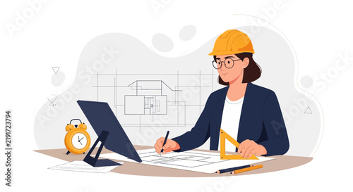 Female architect in hard hat working on blueprints at desk with computer and alarm clock, modern vector illustration.