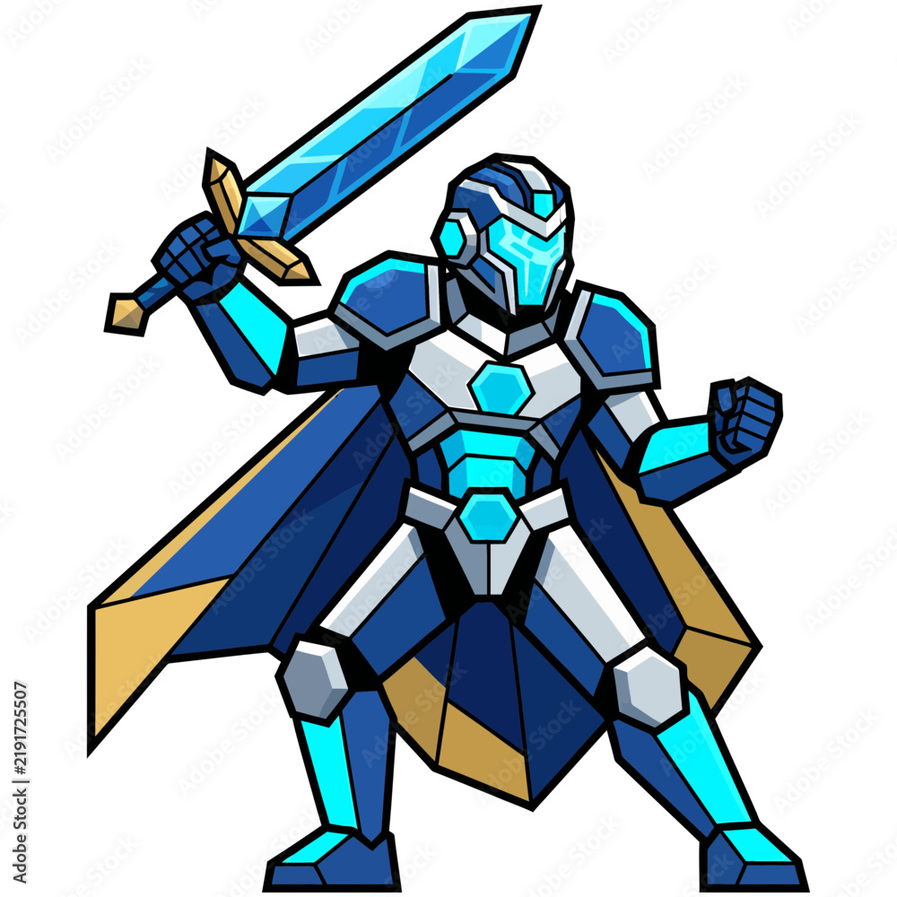 Obraz premium Futuristic armored warrior holding a glowing blue sword in a dynamic combat pose