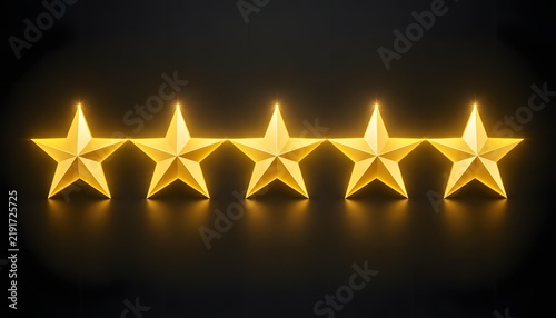 Five glowing golden stars in a row representing a top customer rating on a dark background