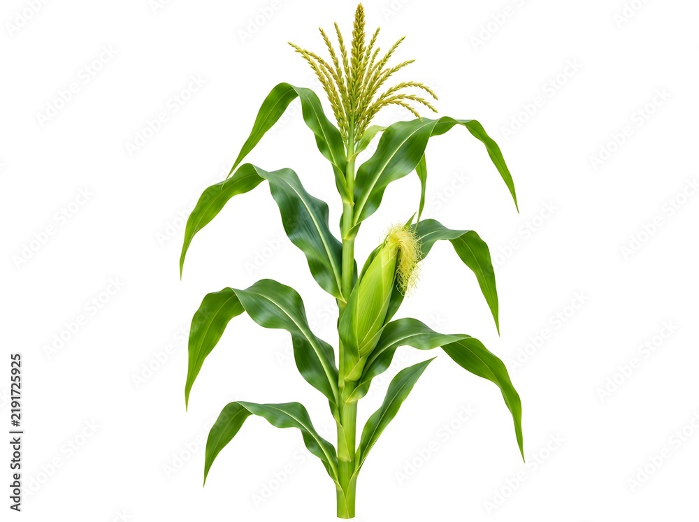 Obraz premium Single vibrant corn plant with green leaves and ear of corn isolated on white