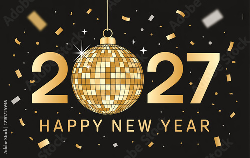 Happy New Year 2027 Golden Typography Banner with Disco Ball and Confetti on Dark Background