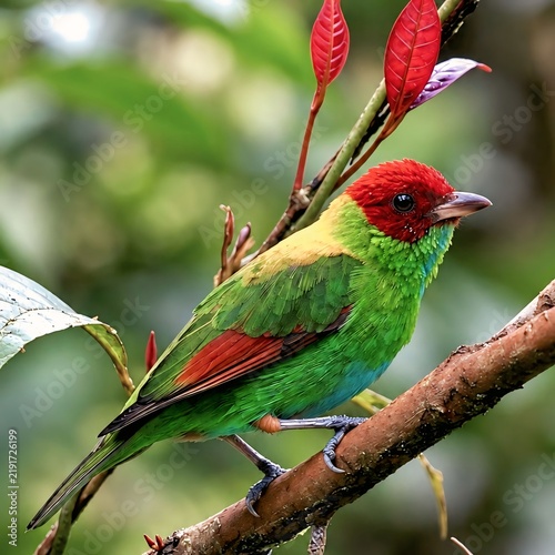 Close up portrait of Bay headed tanager showing crimson head and emerald green plumage
