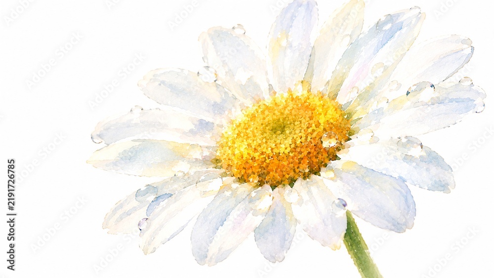 Fototapeta premium 水滴が輝く白いデイジーの花のクローズアップ、水彩画イラスト