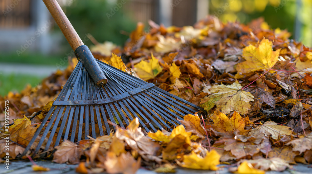 Obraz premium raking fallen autumn leaves in garden with rake, seasonal yard cleanup and outdoor gardening concept for fall maintenance, landscaping, composting and household chores