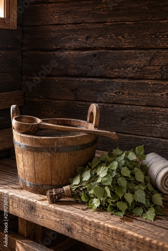 Sauna bucket and ladle with birch whisk on a rustic bench