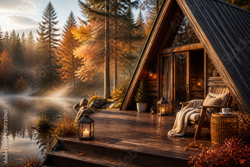 A cozy wooden cabin nestled in a misty, autumnal forest by a calm body of water.
