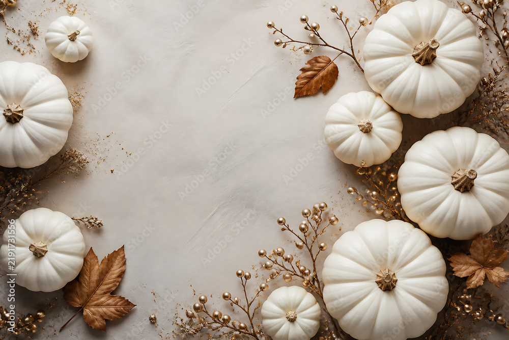 Obraz premium White pumpkins and autumn foliage are artfully arranged on a light, draped fabric surface.