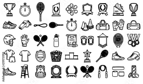 Sports Equipment and Trophy Tennis Racket Ball Vector Icon Collection