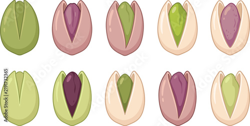Bild auf Leinwand Pistachio nuts in cracked shells healthy snack set vector cartoon flat illustrat
