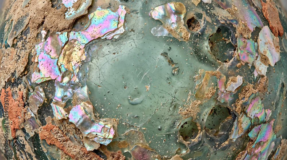 Obraz premium Iridescent ancient glass shard surface displays beautiful shimmering colors with weathered textures and natural organic debris