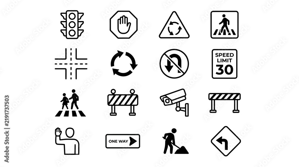 Obraz premium Set of essential traffic management icons and road safety signage symbols for urban navigation and transport infrastructure planning