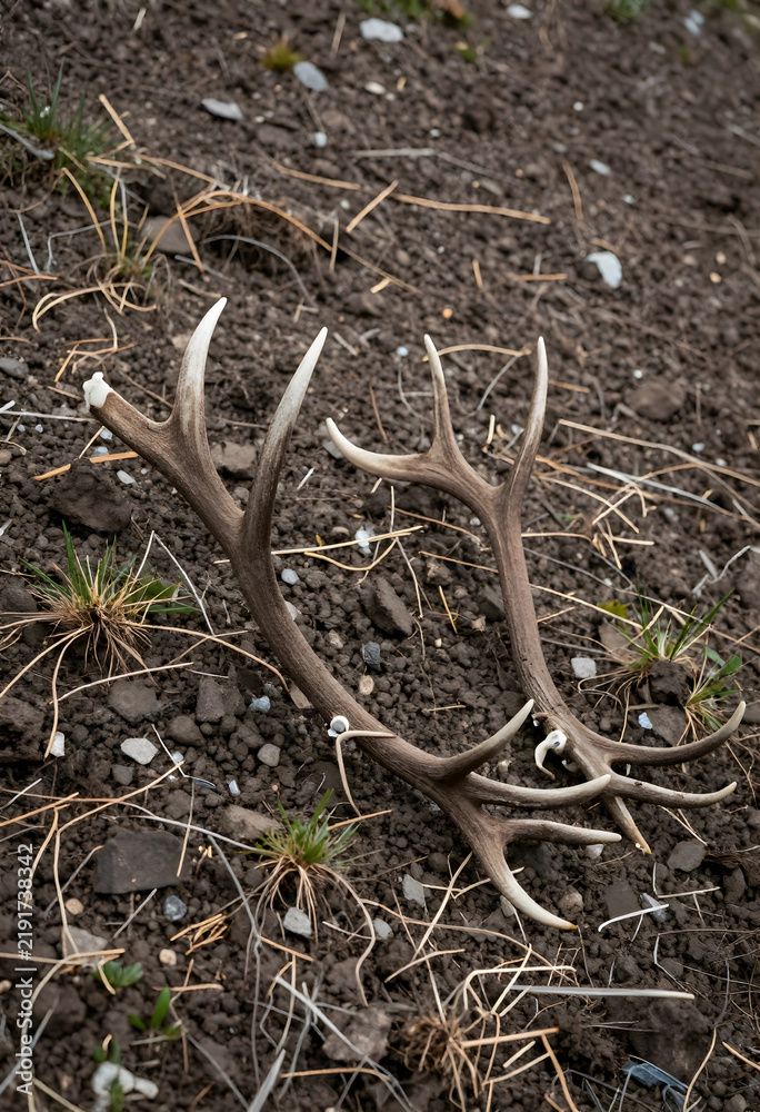 Fototapeta premium Wildlife conservation and nature preservation, shed deer antlers lying on the ground in a natural forest habitat, wilderness and ecology