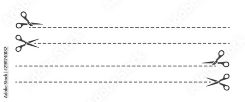 Collection of horizontal dashed cut lines with scissor icons positioned on left and right sides for coupon templates, printable craft designs, and trimming guides