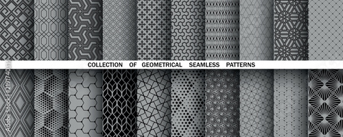 Geometric set of seamless black and gray patterns. Simple vector graphics
