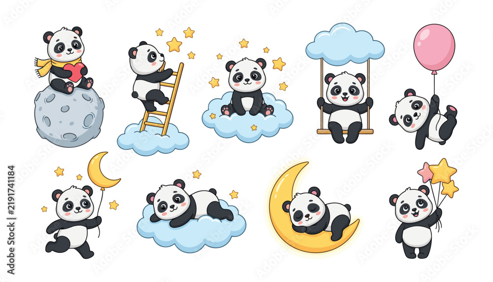 Fototapeta premium Cute Cartoon Panda Bear Vector Character Set with Moon Clouds Stars and Balloon Clip Art Elements for Nursery Decor and Kids Birthday Designs