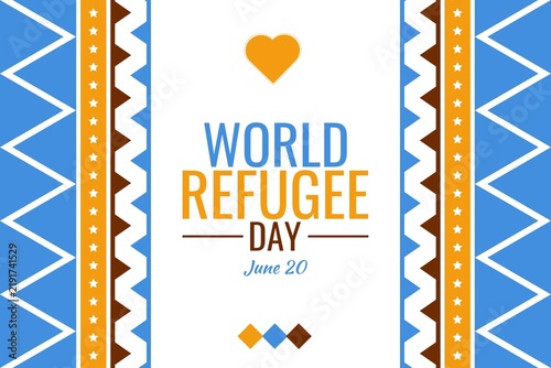 World Refugee Day June 20 commemorative background with heart icon and geometric border patterns