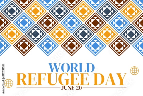World Refugee Day June 20 abstract background design with geometric pattern of square tiles at the top and globe icons
