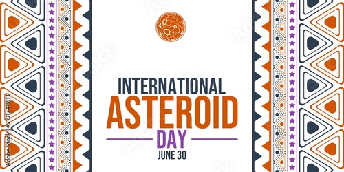 International Asteroid Day June 30 colorful geometric background with a stylized asteroid icon and tribal patterns