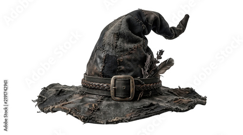Old black witch hat with a leather buckle for halloween costume and magic theme isolated on transparent background