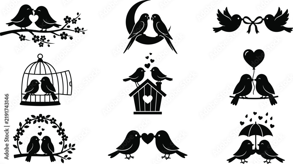 Fototapeta premium Love Birds Silhouette Vector Icon Set Featuring Romantic Couples with Hearts Birdhouse Cage Umbrella Crescent Moon and Flowers for Valentine Day Wedding Card Graphic Design
