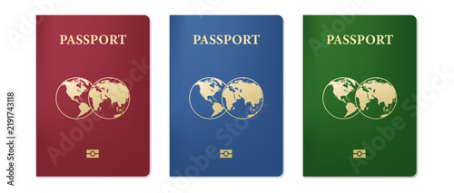 Red, blue, green International Passport with Globe Map Symbol and Continents, Global Travel Concept
