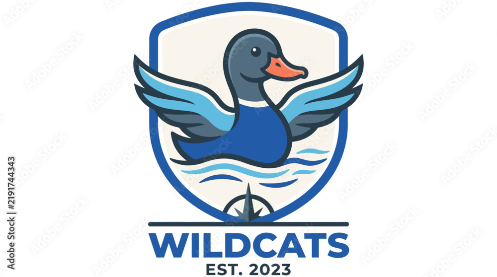 Fototapeta premium Blue duck swimming in water with shield and compass logo.