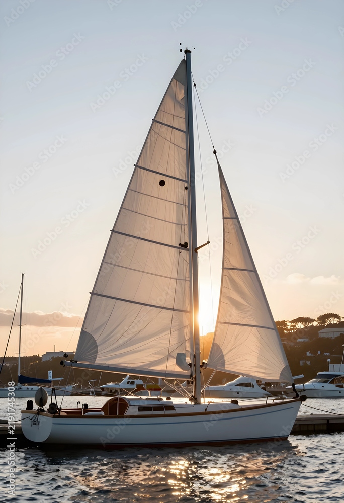 Fototapeta premium Luxury travel and leisure lifestyle, sailboat moored at a marina during a golden hour sunset with calm water and coastal vacation atmosphere