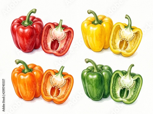 Watercolor Illustration Of Fresh Colorful Bell Peppers Whole And Sliced