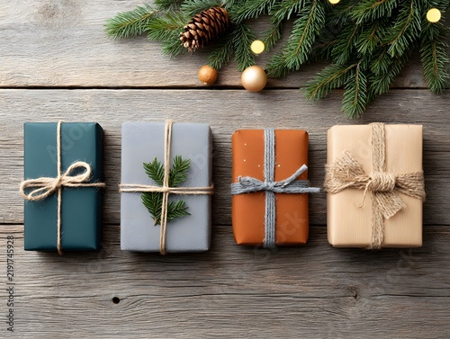 Overhead Christmas flat lay with wrapped presents, pine branches, ornaments, candy canes and warm fairy lights on a rustic wooden background
