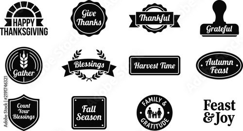Thanksgiving Badge and Autumn Harvest Label Set, Fall Season Typography, Rubber Stamp, Wreath Ribbon Emblems and Holiday Greetings Vector Silhouettes