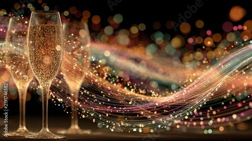 Sophisticated corporate New Year celebration illustrated with modern geometric lines, champagne glasses, rainbow light trails, transparent fireworks and glitter particles, clean premium business