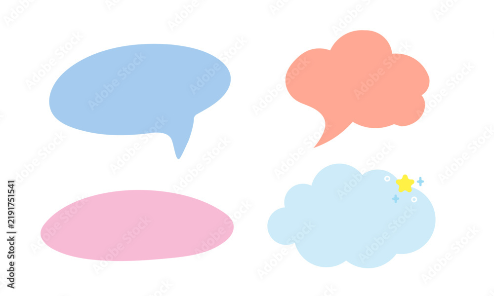 Fototapeta premium A pastel assortment of four speech bubble and cloud shapes, featuring soft blue, pink, and coral tones, includes subtle star accents, suggesting gentle conversation and creative ideas.