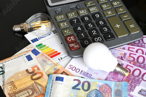 Energy Costs Concept with Calculator, Euro Banknotes and Light Bulbs