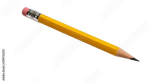 Bild auf Leinwand Yellow wooden pencil with pink eraser and sharpened graphite lead tip