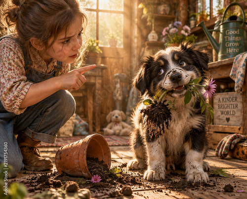 Little girl and guilty puppy,