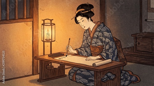 Woman writing letter at wooden desk in traditional setting with warm lighting