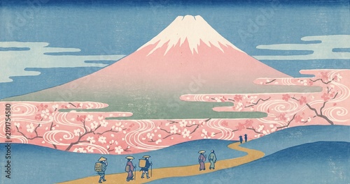 Mount Fuji surrounded by cherry blossoms with travelers on a scenic path