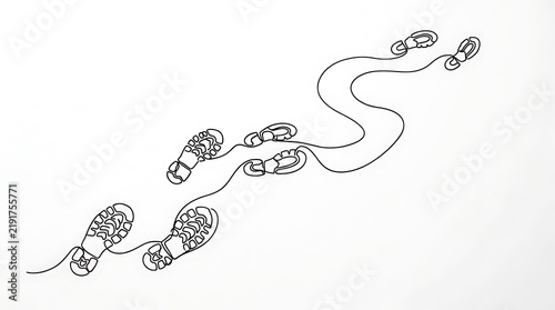 Continuous line art of human footprints walking in a path with footprints direction movement tracking minimalist