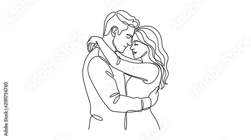 Minimalist continuous line drawing of a romantic couple embracing closely with romantic relationship intimacy affection