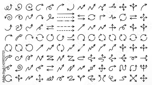 Large set of various hand drawn arrow designs and pointer icons with direction collection navigation handdrawn