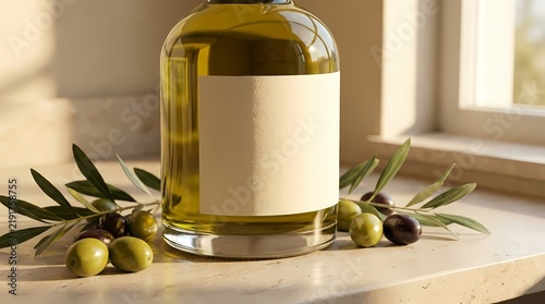 Golden olive oil in a clear bottle with a blank label, surrounded by fresh green and black olives and branches on a sunlit counter, symbolizing natural health and gourmet quality