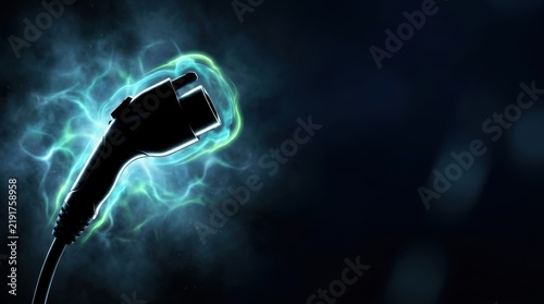 Electric vehicle charging plug with glowing blue and green energy currents power