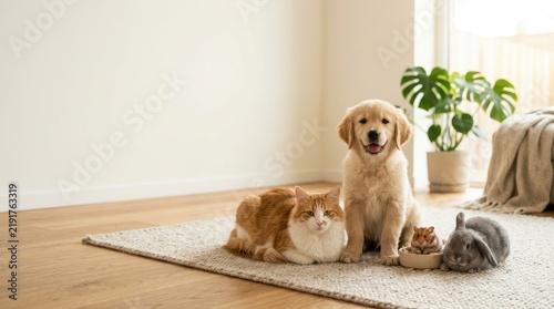 A golden retriever sits proudly next to a ginger cat and a white cat. A small hamster and a rabbit are also present, sharing a bowl of food.