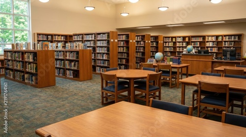 Bright, well-lit library interior showcases rows of wooden bookshelves filled with books. Several tables with chairs are arranged in the center of the room, providing study spaces.