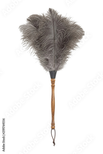 Traditional gray ostrich feather duster with a carved wooden handle, captured vertically against a clean white background